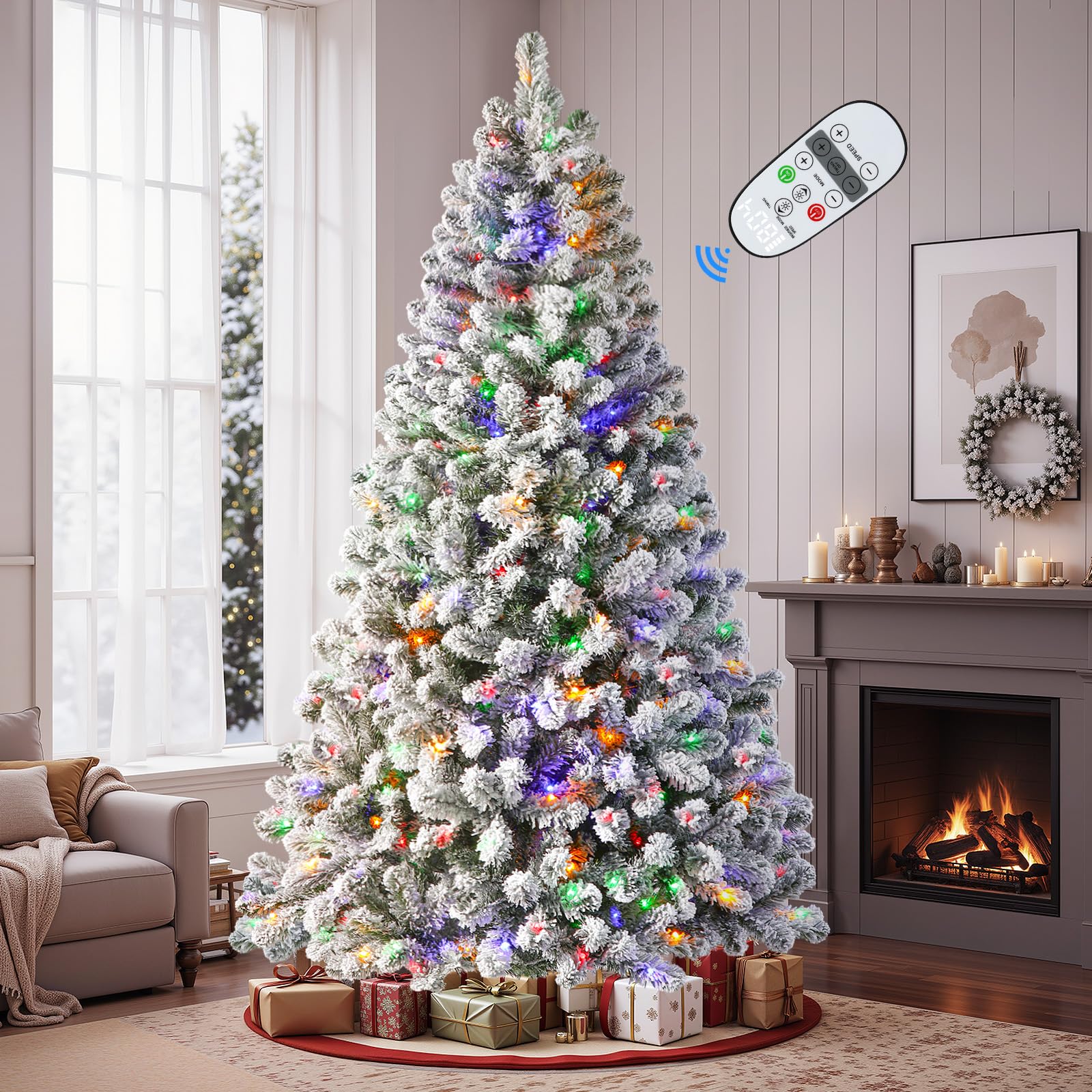 SHareconn 7ft Pre-Lit Flocked Artificial Hinged Christmas Tree